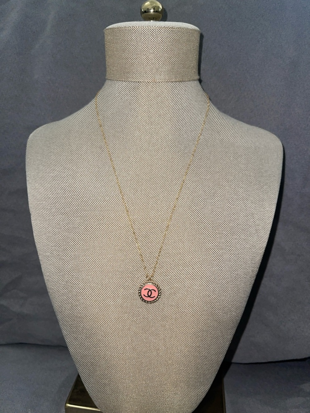 Gold Chain Necklace with Pink CC Logo Pendant